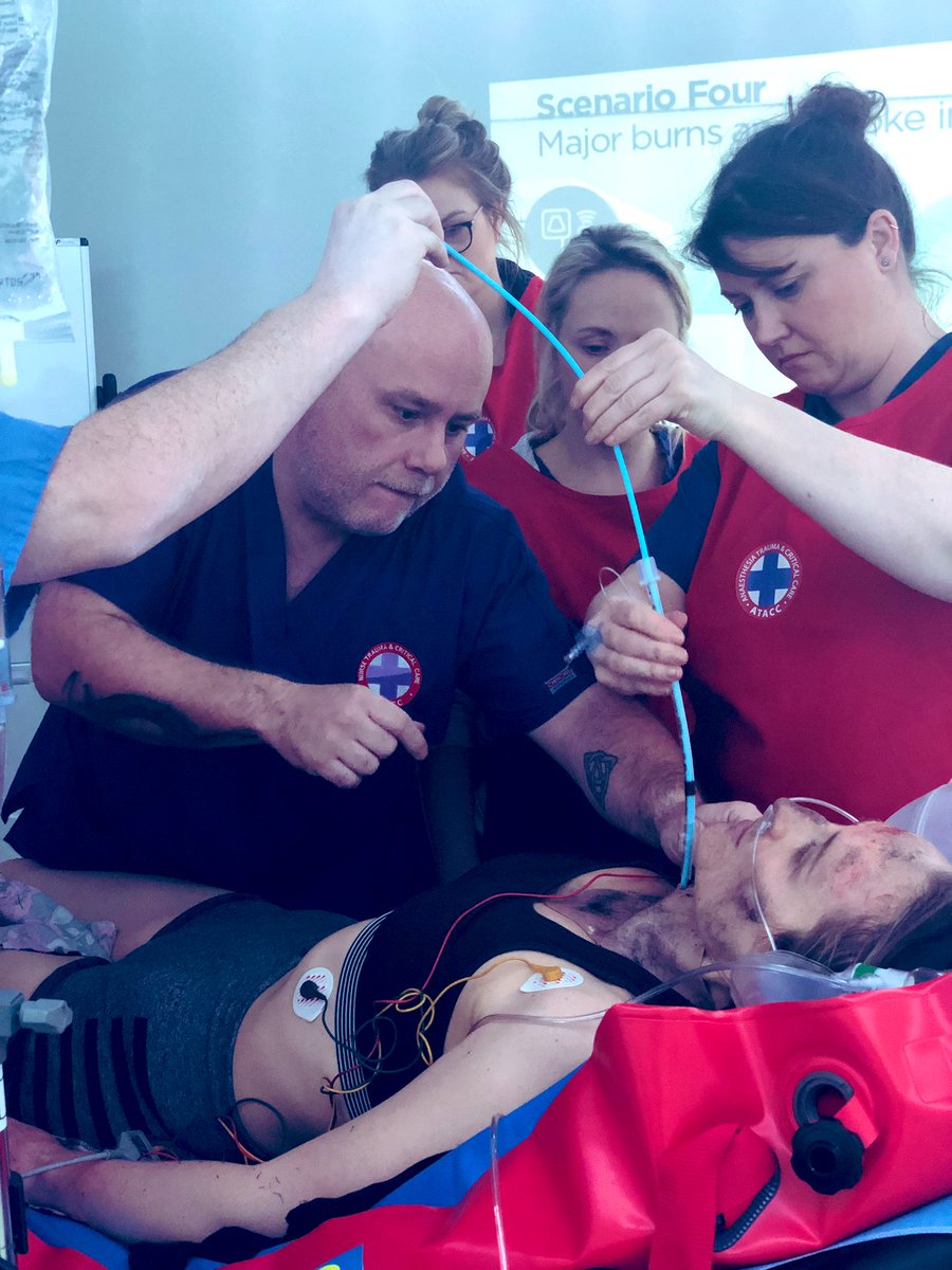 SisterScrappy's tweet photo. @MRI_ED nurses managing a “cant intubate, cant ventilate” situation in a patient with serious burns. #NTACClive #NTACC2019 https://t.co/iAVUXF2B7G