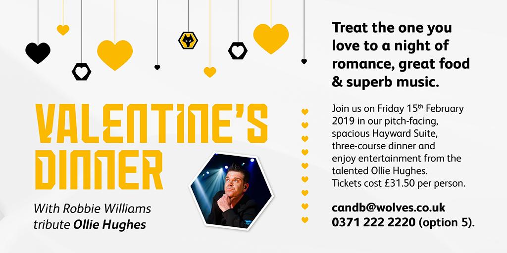 Treat the one you love to a night of romance, great food & superb music for Valentine's Day Dinner at Molineux from only £31.50 per person. For more information, please call 0371 222 2220 (option 5) or e-mail candb@wolves.co.uk