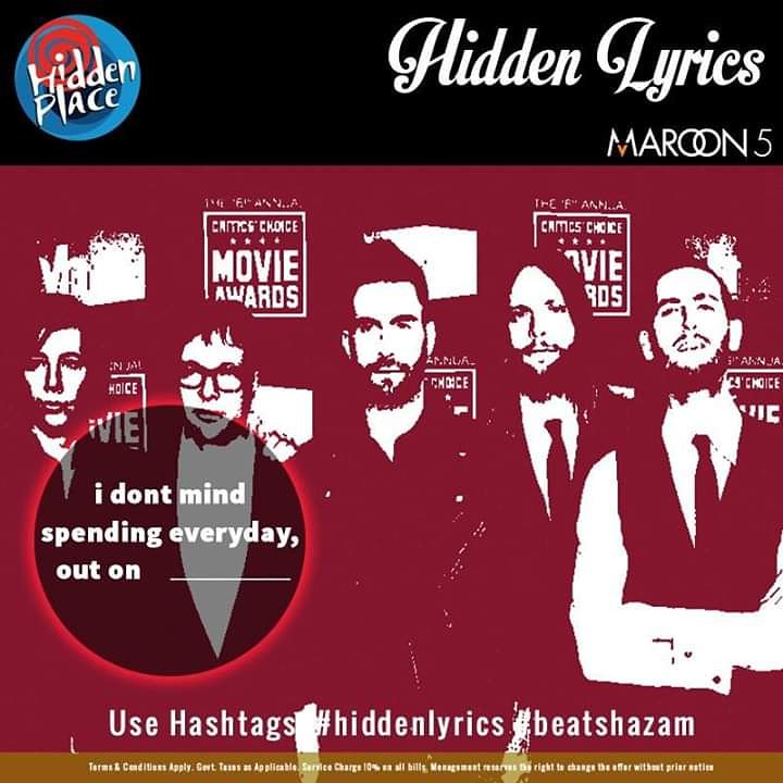 Mondays are made for you to play Hidden Lyrics! 

Guess the line! 

Use Hashtags - 
#hiddenlyrics #beatshazam

#hiddenplace #hiddenlyrics #beatshazam #maroon5 #mondaycontest