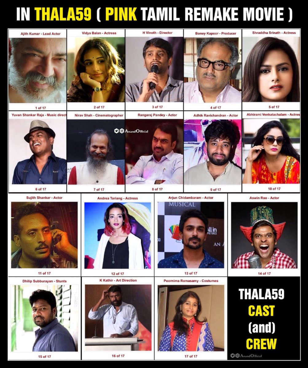 Cinema360L's tweet photo. Official #AK59 Crew:

Dir - #HVinoth

DOP -  @nirav_dop 

Art Director - K. Kathir

Stunt Choreographer - @dhilipaction 

Costume designer - Poornima Ramasamy 

Editor -  Gokul Chandran 

Executive Producer -  P. Jayaraj https://t.co/TlkGg7EzoP