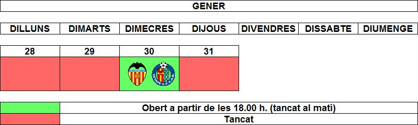 marejololiva's tweet photo. L'horari de l'última setmana (Del 2 al 31 de gener)
Dimarts obrim per a animar al @valenciacf juntament amb la Penya Valencianista Marejol Oliva i després estarà tancat fins nova gerència! https://t.co/HgbmOPyFMI