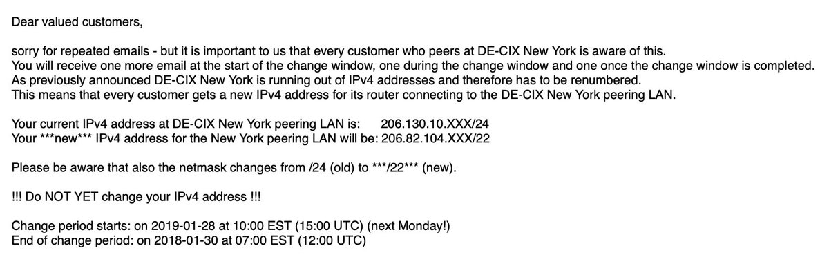 thking's tweet photo. At @decix NYC the renumbering project is starting. Customers have time beginning of today until Wednesday to change the IPv4 addresses of their BGP routers/sessions connected to the @decix NYC peering LAN. #yourhelpisneeded #peeringfamily https://t.co/K5T25BDWyG