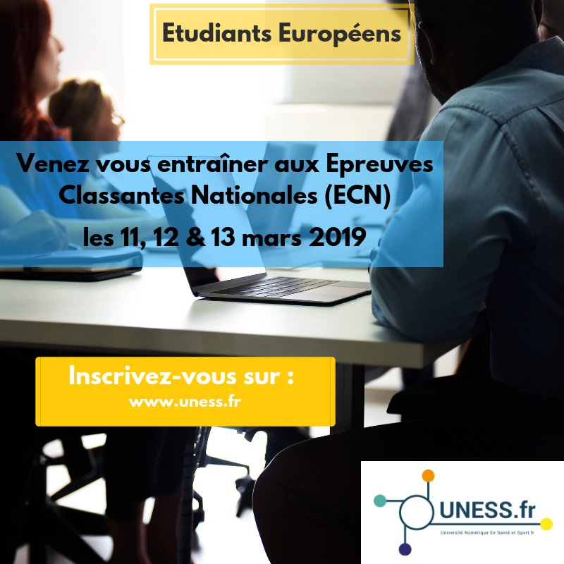 [ Étudiants Européens (hors France ] : Inscrivez-vous aux ECNp. Le lien d'inscription est disponible : uness.fr/actualites/ecn… Inscription possible jusqu'au 17/02/19. Attention :étudiants français, vous n'avez pas besoin de vous inscrire, votre inscription est automatique. #ECNP