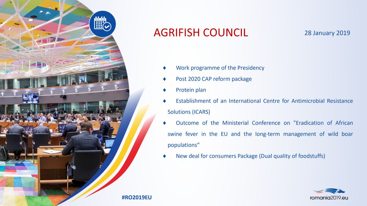 romaniaineu's tweet photo. #RO2019EU Agriculture and Fisheries Council on 28 January 2019, chaired by Romanian minister Petre Daea. On the agenda: #FutureofCAP #PlantProteinsEU #ASF #DualQualityfood. All info on the dedicated webpage 🌱 https://t.co/t7zM3l9k8e https://t.co/Ba7GGkMItE