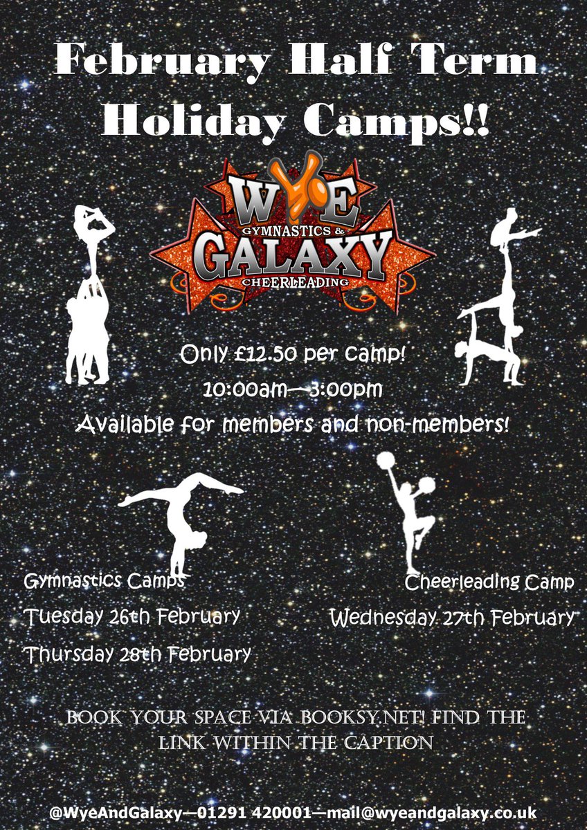 Half term holiday camps! 

Now available to book via Booksy! 

Members & non-members, ages 4+. 

Reserve your space now to avoid disappointment:

booksy.com/en-gb/1764777_…

#WyeAndGalaxy #WGGC #Gymnastics #Cheerleading #HalfTermCamps #Fun #Exciting #FebruaryHalfTerm #HolidayCamps