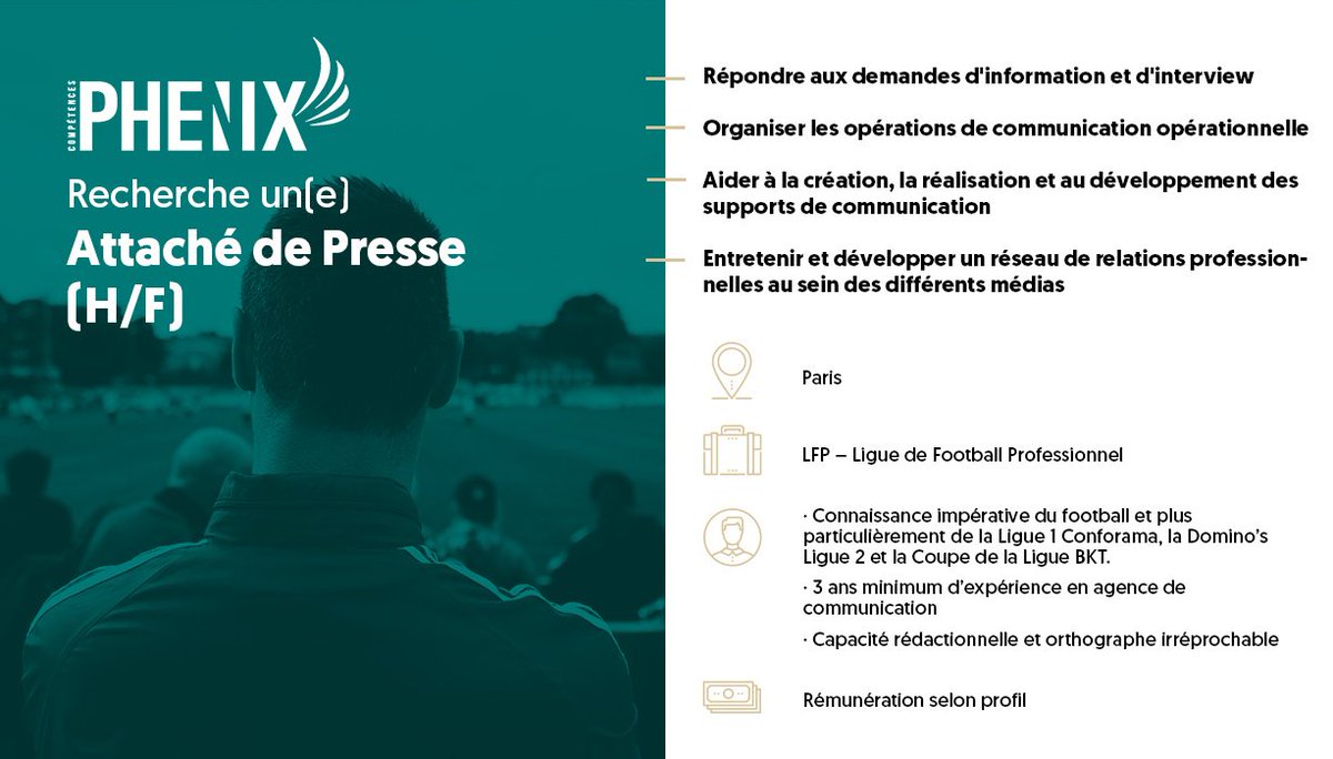 les_phenix's tweet photo. #SportRH On recrute pour la @LFPfr son nouvel attaché de presse (H/F) 👊

📍 Paris 
📆 Début :  asap
📕 @Ligue1Conforama @DominosLigue2 @CoupeLigueBKT 
🔗 #CDI

Min 3 ans d'exp en agence 
Connaissance du football obligatoire 

📪  + d'infos : https://t.co/zDWAKgbfRP https://t.co/HwJ6e4x7ob