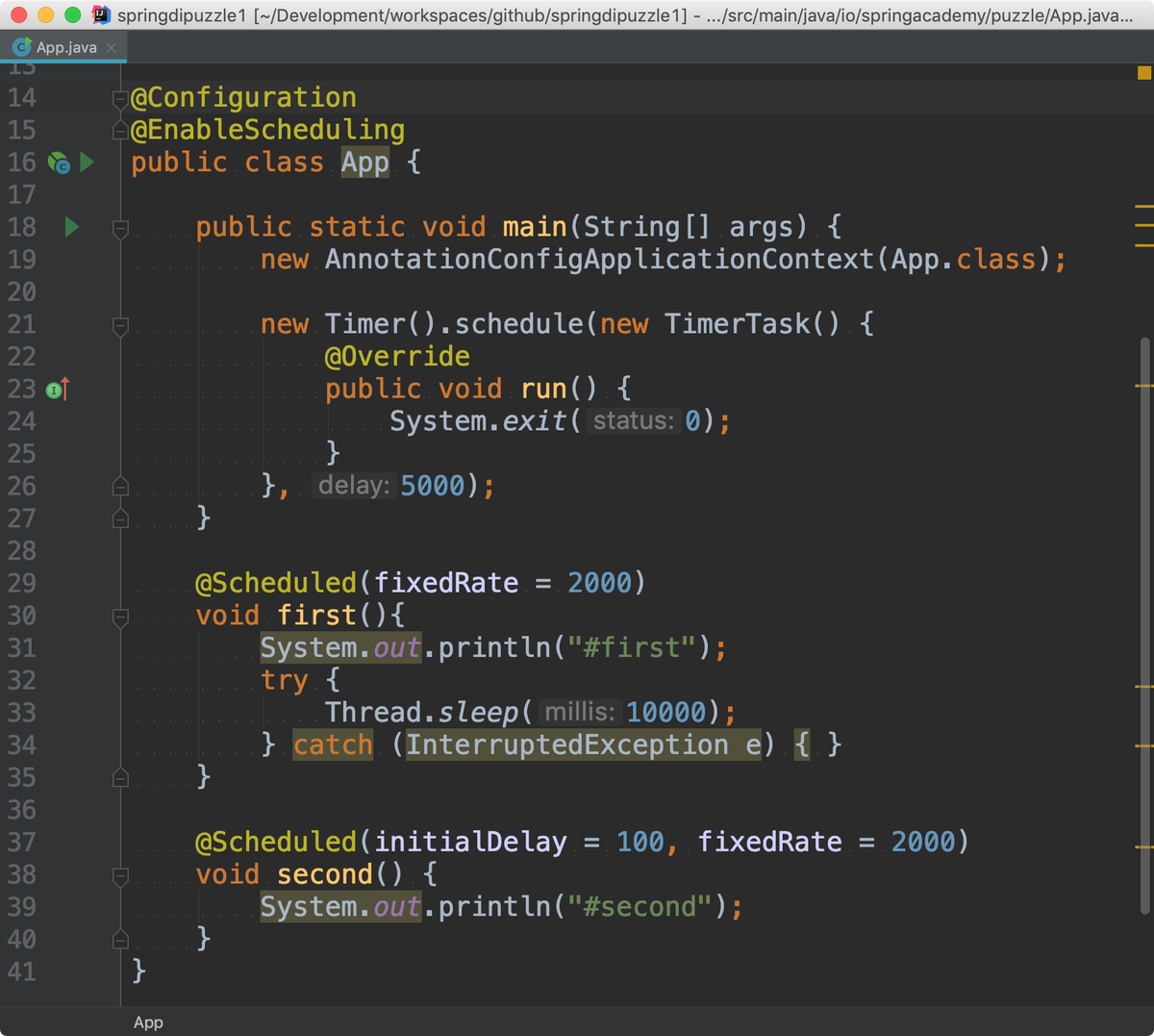 maciejwalkowiak's tweet photo. 🍃 @springframework puzzle #3 - lets play with @Scheduled jobs.
What's the console output of running below code? Poll with potential answers below 👇 Please do not post solutions in comments! #springpuzzle #java https://t.co/vm0eBJBIjf
