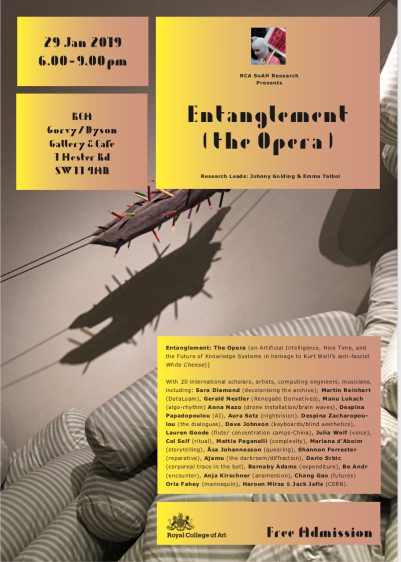 Anna Nazo (@annanazo) on Twitter photo TOMORROW! 6-9pm <a href="/RCAartshuman/">RCAartshumanities</a> <a href="/RCA_VCLectures/">SoAH Research Presents</a> #Entanglement - The #Opera ! <a href="/RCA/">Royal College of Art</a> SoAH PHD Researchers with Sara Diamond, Manu Luksch, Gerald Nestler, Aura Satz, Martin Reinhart, Mattia Paganelli, Haroon Mirza & Jack Jefls (CERN). Lead by Emma Talbot & Johnny Golding TOMORROW! 6-9pm <a href="/RCAartshuman/">RCAartshumanities</a> <a href="/RCA_VCLectures/">SoAH Research Presents</a> #Entanglement - The #Opera ! <a href="/RCA/">Royal College of Art</a> SoAH PHD Researchers with Sara Diamond, Manu Luksch, Gerald Nestler, Aura Satz, Martin Reinhart, Mattia Paganelli, Haroon Mirza & Jack Jefls (CERN). Lead by Emma Talbot & Johnny Golding