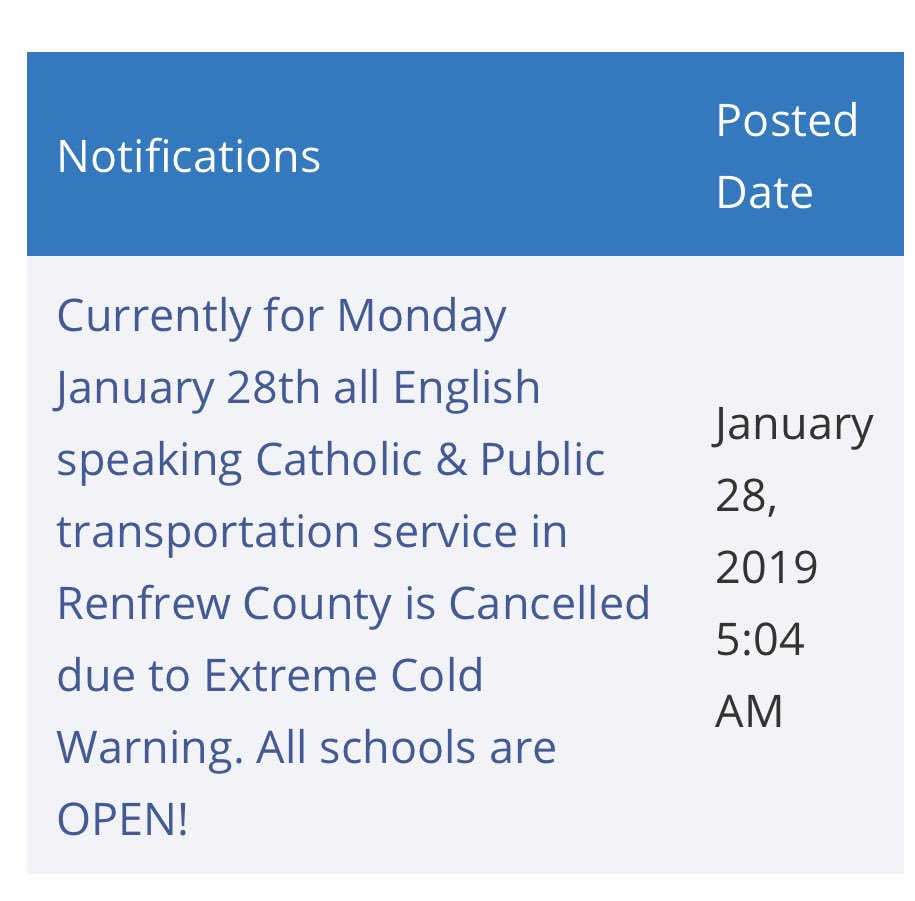 School bus transportation is CANCELLED for today (MONDAY, JANUARY 28) due to the EXTREME COLD WARNING.