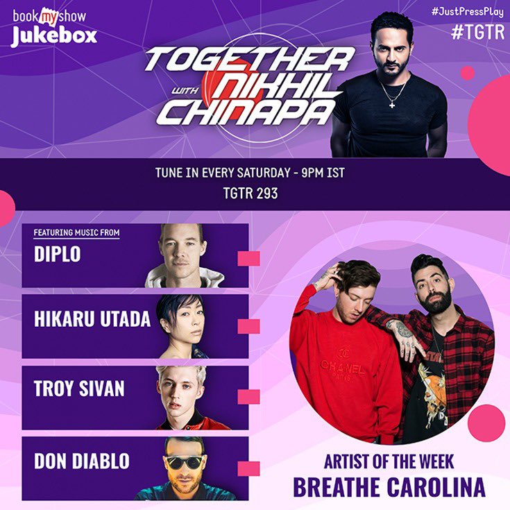 Nikhil Chinapa (@nikhilchinapa) on Twitter photo Check out the latest episode of my radio show TOGETHER feat. a ton of brand new dance music + our Artist of the Week is <a href="/BreatheCarolina/">BREATHE CAROLINA</a> - who also play in India for the first time ever, at <a href="/Vh1Supersonic/">Vh1 Supersonic</a> next month!
To listen On <a href="/BMSJukebox/">BookMyShow Jukebox</a> click here: bookmy.show/TGTR293 Check out the latest episode of my radio show TOGETHER feat. a ton of brand new dance music + our Artist of the Week is <a href="/BreatheCarolina/">BREATHE CAROLINA</a> - who also play in India for the first time ever, at <a href="/Vh1Supersonic/">Vh1 Supersonic</a> next month!
To listen On <a href="/BMSJukebox/">BookMyShow Jukebox</a> click here: bookmy.show/TGTR293