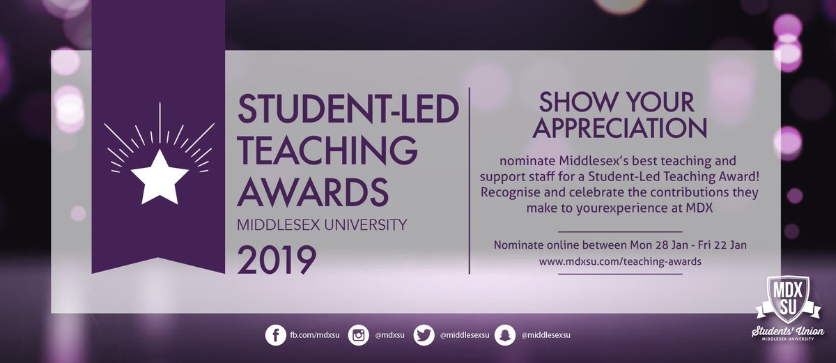 MiddlesexSU's tweet photo. Nominations are now open for the Student-Led Teaching Awards!

It's now your chance to put forward that inspiring lecturer or the support staff who's always got your back. 

Show your appreciation for their work and commitment to your education now: https://t.co/m2AjVsW1ad https://t.co/bY7b7slfjd