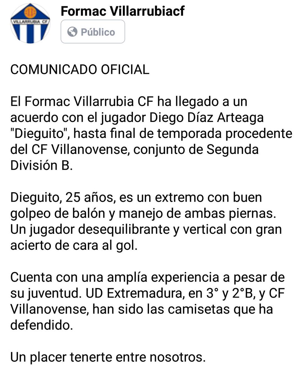COMUNICADO OFICIAL  

Diego Díaz Arteaga ( <a href="/DiegoMDiaz7/">DiegoDiaz</a>  ) es nuevo jugador del Formac Villarrubia CF.

¡Bienvenido a tu nuevo club!