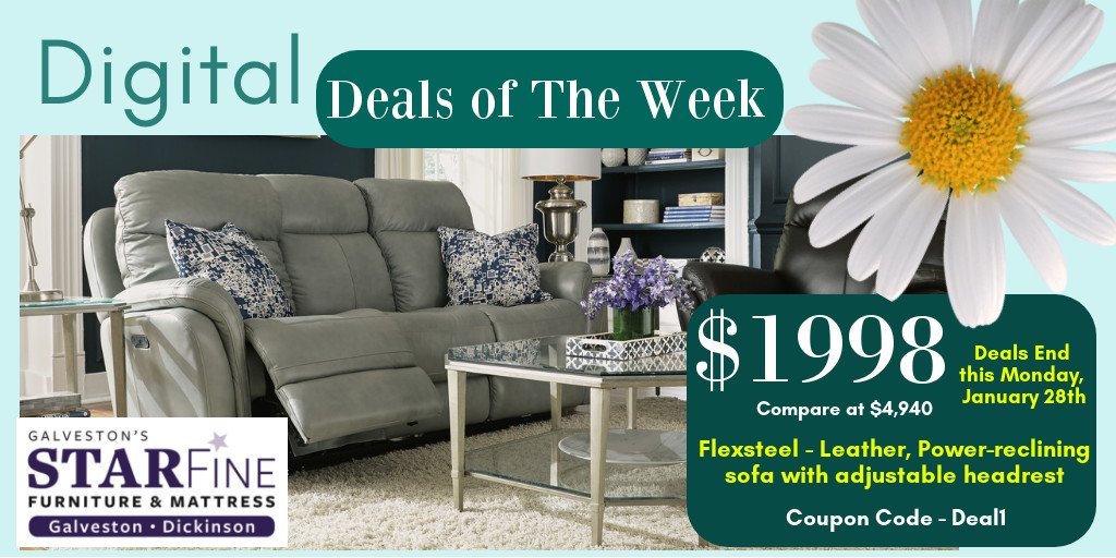 DIGITAL deals of the weeks ends on Monday, January 28

Coupon Code: DEAL1
Flexsteel Leather Power Reclining Sofa with Adjustable Headrest, originally $4,940 NOW $1998
COUPON:  ow.ly/iPOj50kmpTc