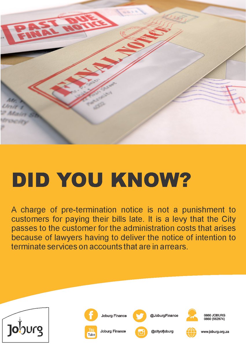 JoburgFinance's tweet photo. @CityofJoburgZA @FunzelaZA @HermanMashaba It is important to understand why the City would send a pre-termination notice. #PreTermination ^NJ https://t.co/EWH5muMVHj