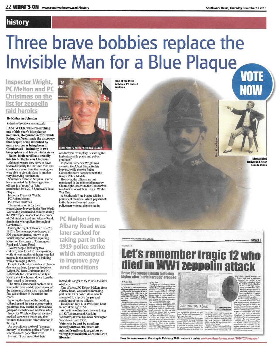 blackpoppies14's tweet photo. VOTE FOR 3 BRAVE CAMBERWELL BOBBIES! By emailing news@southwarknews.co.uk & remember to tell them who you are voting for. The 3 officers saved women & children during a 1917 Zeppelin attack in the Metropolitan Borough of Camberwell. Deadline 27 Feb 2019. https://t.co/TtfE6yzl1e