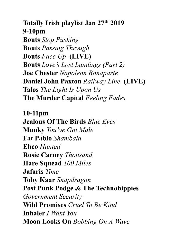 The playlist from last night’s show with lots of new music. Thanks for listening.