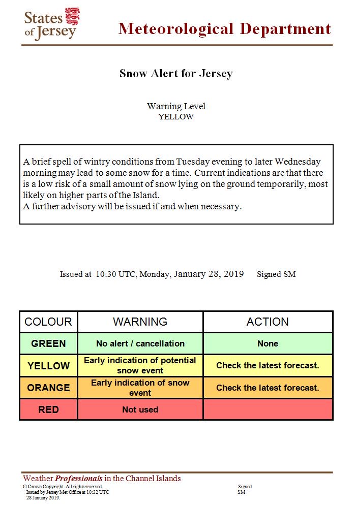 Snow alert issued for Jersey, 10:30 UTC, Monday 28th January 2019.