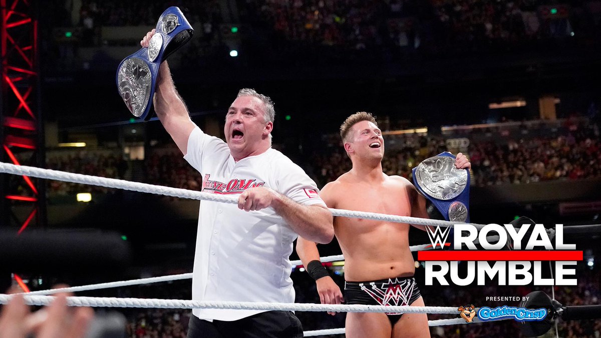 WWE's tweet photo. The CO-BESTIES, @shanemcmahon and @mikethemiz, proved to everyone they are as legit as any unit in the #SDLive tag team division! #RoyalRumble https://t.co/fPT1RtuGPF https://t.co/gpGhn755Gm