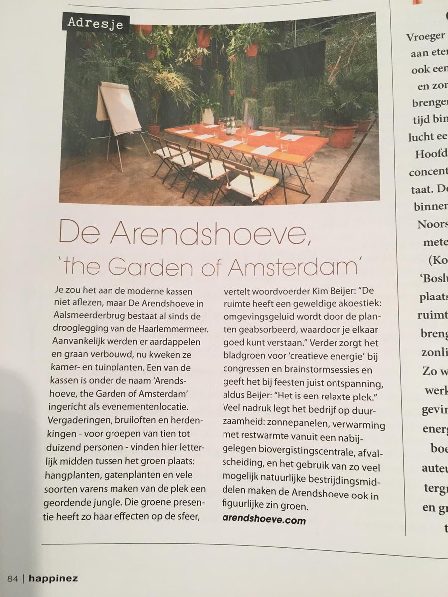 Deze week in de <a href="/HappinezNL/">Happinez</a> een leuk stukje over de Arendshoeve, 'the Garden of Amsterdam'. Lees een stukje geschiedenis en visie van onze unieke evenementenlocatie 😇