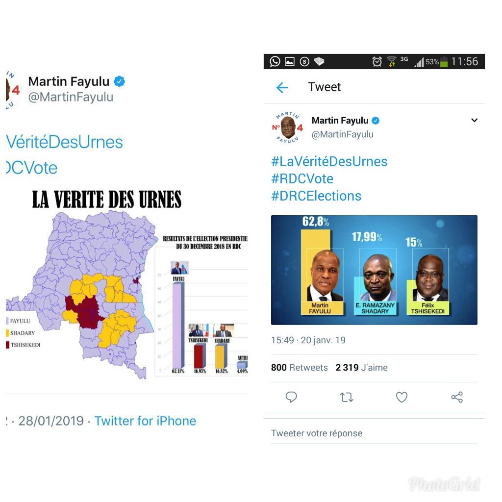 Où est donc la vérité des urnes ?
1.Le 20 janvier il publie Fatshi 3ieme et aujourd'hui il devient deuxième (incohérence)
2. Ses résultats d'aujourd'hui contiennent même les provinces qui n'ont pas voté (mensonge).
Fayulu, il faut des psychologues