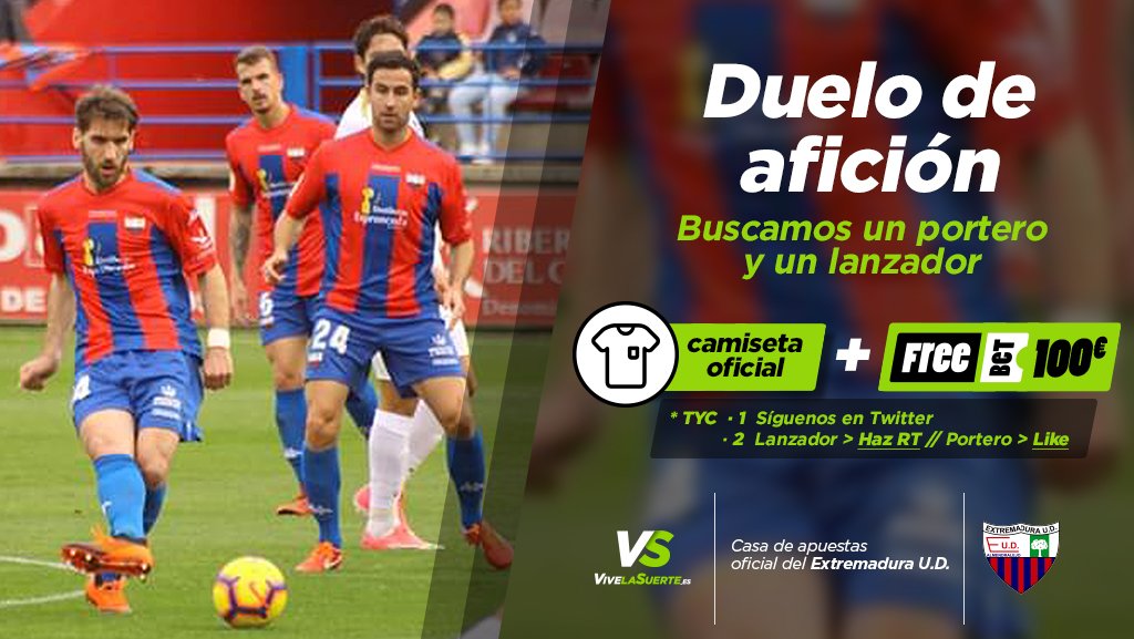 VERSUSapuestas's tweet photo. 🧤 ¡BUSCAMOS UN PORTERO Y UN LANZADOR! ⚽

🆚 Este domingo habrá duelo de afición del 
@EXT_UD 

🔛 Síguenos
🔁 RT → SI QUIERES TIRAR EL PENALTI
❤️ LIKE → SI QUIERES SER PORTERO
🎁 El ganador se llevará la camiseta oficial + freebet 100€

📅 Participa hasta el 30/01 a las 16h https://t.co/heTsxOnouP