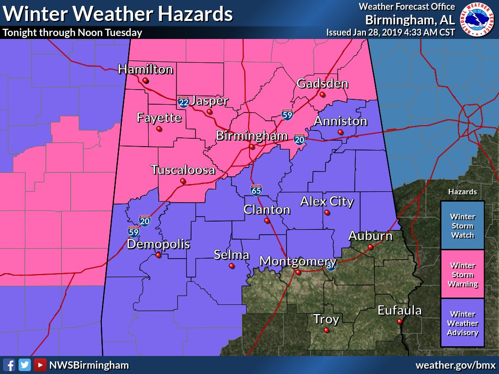 NWSBirmingham's tweet photo. Winter Storm Warning for much of our area near and northwest of Interstate 59 late tonight through late Wednesday Morning. Winter Weather Advisory for our southwest, east-central counties tonight late tonight through late Wednesday Morning. https://t.co/gHyvBMDKIw