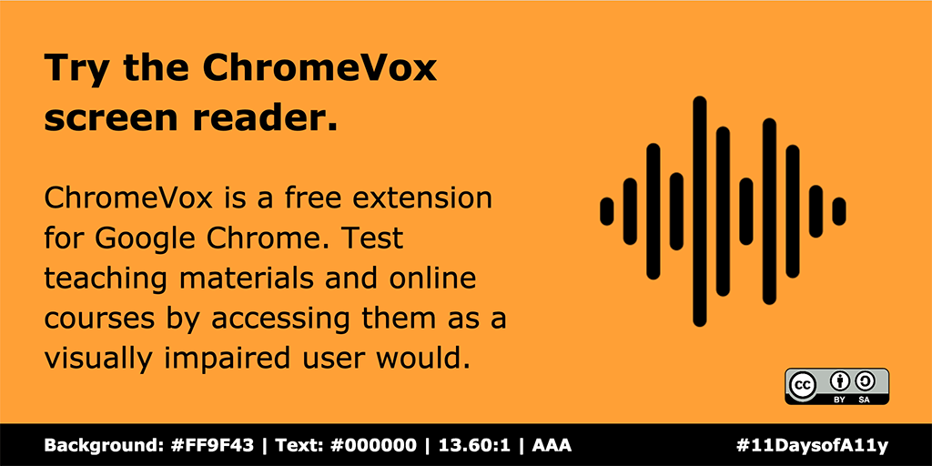 HumSS_TEL's tweet image. Okay, so *somebody* may have forgotten to tweet the final tip yesterday. 😐

ChromeVox is a free screen reader extension for Google Chrome. Why not try accessing digital resources/environments to see how they might be improved? 💻

We hope you've enjoyed #11DaysofA11y! 👋