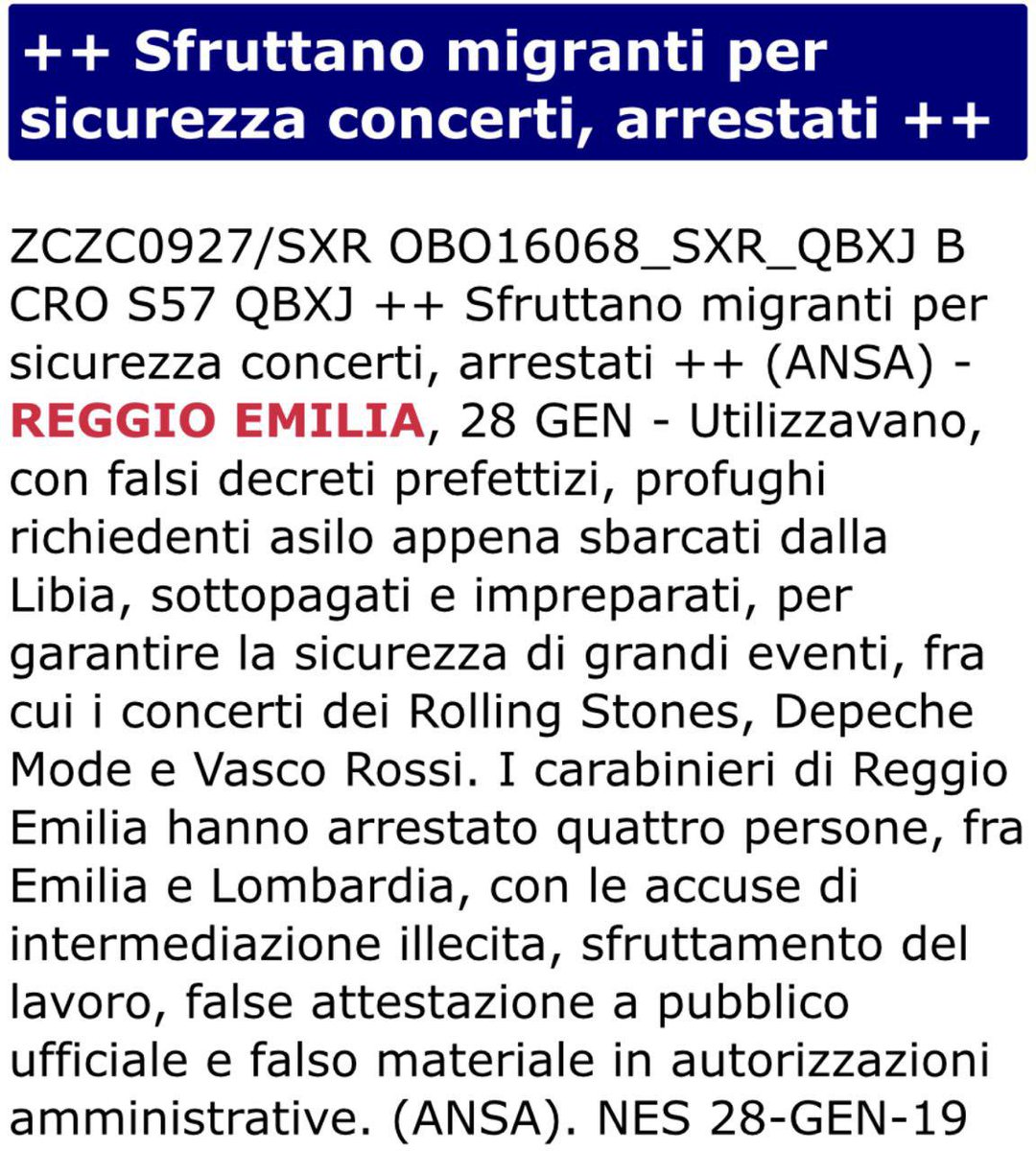Migranti sfruttati: 4 persone attraverso falsi decreti prefettizi impiegavano gli immigrati e li sfruttavano per gestire la sicurezza in grandi eventi. Un ringraziamento ai Carabinieri e alla Procura di Reggio Emilia per aver fermato questo vergognoso business #securitydanger