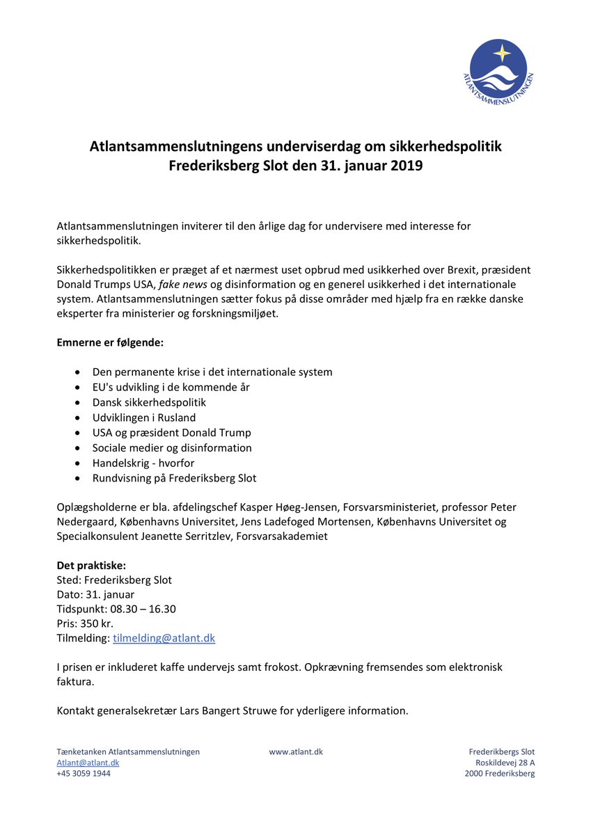 LarsBStruwe's tweet photo. Er du #underviser, og vil du gerne inspireres til din undervisning - så er vores underviserdag den 31. januar muligvis noget for dig? Emnerne er bl.a. #Trump, #sikkerhedspolitik, #socialemedier, #handelskrig, #Rusland og #EU #Brexit. @AtlantDK #dkpol https://t.co/6Xj8ttMR3k