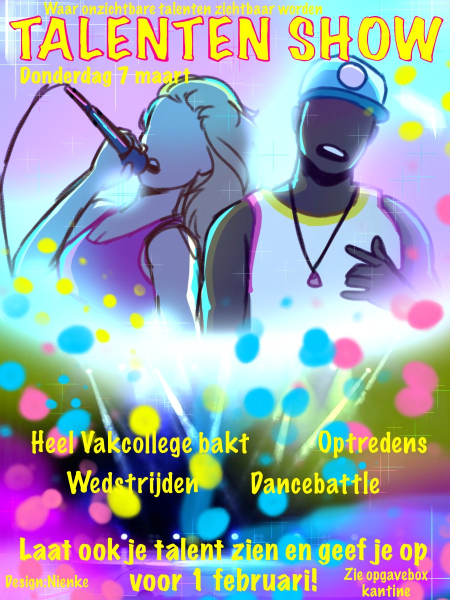 In onze talentenshow worden ONZICHTBARE TALENTEN zichtbaar gemaakt. De show wordt georganiseerd dóór en vóór leerlingen. Deze week gaan de ambassadeurs de klassen rond om iedereen te enthousiasmeren en te motiveren om zich op te geven voor de talentenshow.