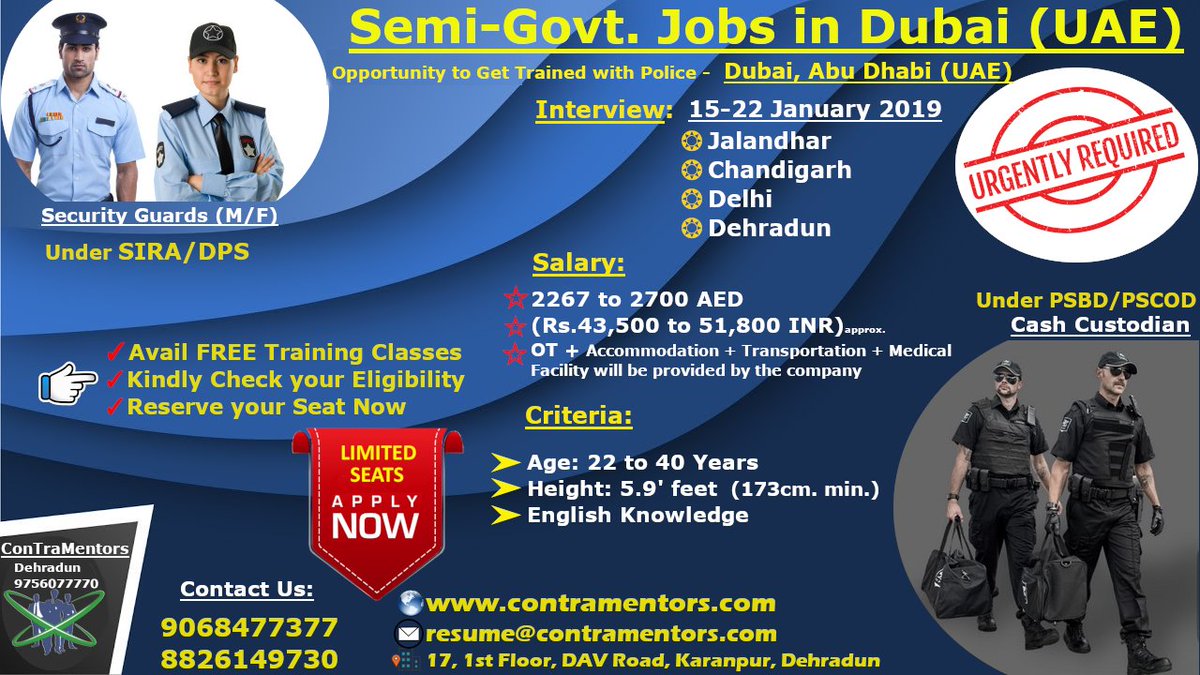contramentors's tweet photo. Urgently Required Security Staff (M/F) for a Reputed Company in #Dubai & #Abu_Dhabi (UAE)
👉Under #SIRA/ #DPS & #PSBD/ #PSCOD
➤Opportunity to get training under Dubai Police
➤Avail FREE Training Classes
➤Kindly Check your Eligibility
➽Client Interview: 15-30 January 2019 https://t.co/Gjjr1biE5g