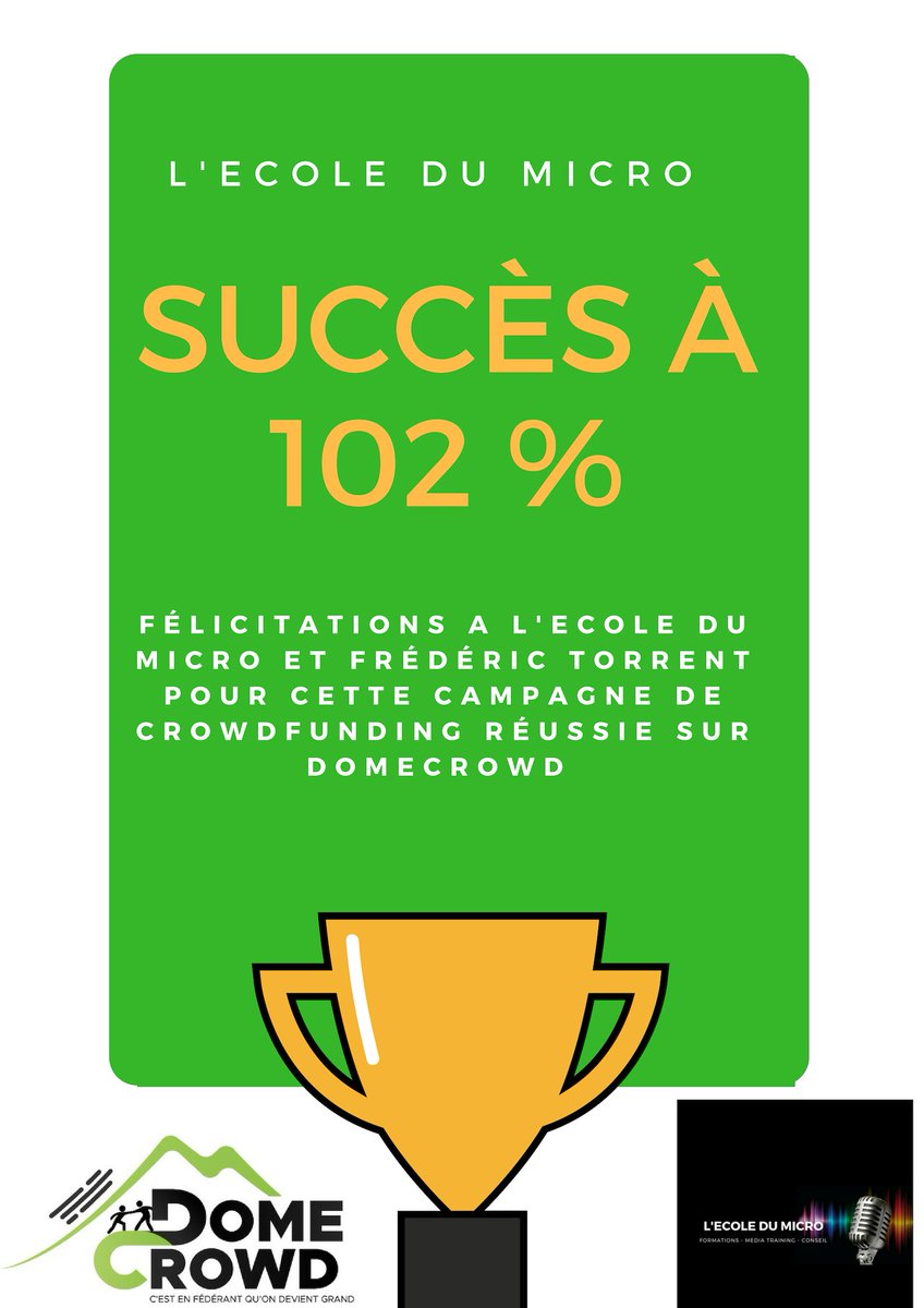 🎉🎊 Félicitations à Frédéric Torrent avec L'Ecole Du Micro pour cette campagne de crowdfunding sur DomeCrowd menée avec succès !!
Longue vie à L'Ecole Du Micro 😃