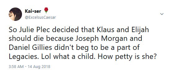 SimonB_8's tweet photo. So @julieplec has butchered #TO / ALL the chars just to sell her stupid spin-off (S5 was rushed/no sense/a joke) &amp; also bc the actors don't want to play in it? She's so ridiculous/childish in addition to have no talent. 
WORST writer/producer ever.@TheCW @cwlegacies @JosephMorgan https://t.co/VToGqXYG8R