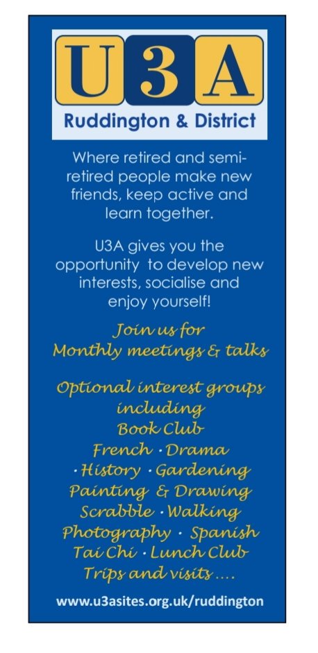 RuddU3A (@u3rudd) on Twitter photo Why not come along to our meeting at 2pm today #Ruddington Methodist Church #u3a #interests
Why not catch <a href="/NCT_Buses/">Nottingham City Transport</a>‘ Navy 3 or Green 10 service to the <a href="/StPetersRudd/">St Peters Ruddington</a> stop to make it the start of a #RuddyGoodDayOut? Why not come along to our meeting at 2pm today #Ruddington Methodist Church #u3a #interests
Why not catch <a href="/NCT_Buses/">Nottingham City Transport</a>‘ Navy 3 or Green 10 service to the <a href="/StPetersRudd/">St Peters Ruddington</a> stop to make it the start of a #RuddyGoodDayOut?
