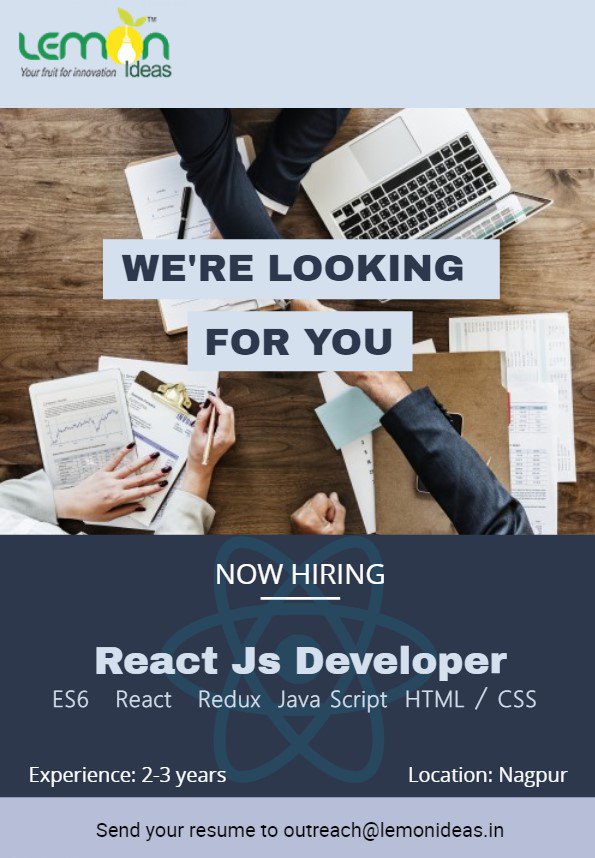 lemonideas's tweet photo. Looking for a front end developer in react that is good in
- ES6
- React
- Redux
- JavaScript.
- Good Knowledge of unit testing tools like jest and enzyme.
- HTML / CSS
Experience: 2 - 3 years
Send your resumes to outreach@lemonideas.in
#Hiring #ReactJS #ReactJSTrends #Nagpur https://t.co/XIG3ehsOOL