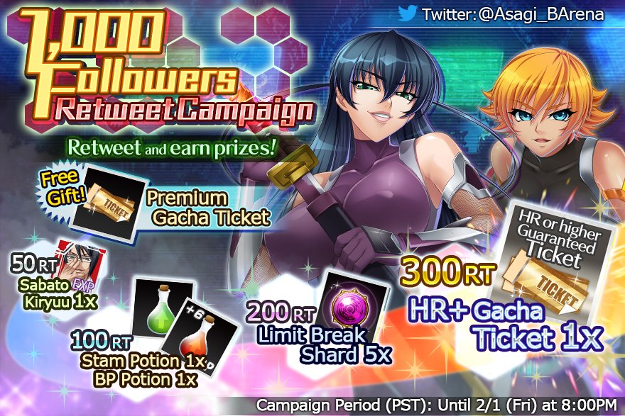 Thank you for 1,000 followers!

As thanks for your support, we have distributed Premium Gacha Ticket 1x to all users!
Retweet this Tweet and earn prizes!
New players who register during the campaign will receive these prizes too!

Please see the in-game messages for more details.