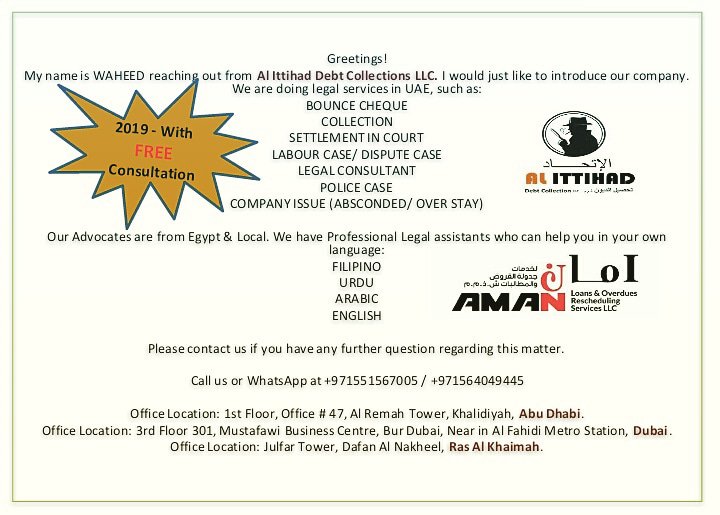 IttihadDXB's tweet photo. For legal advices in UAE, call/ whatsApp at +971551567005
#Emirates #ITTIHAD #LegalServices #QuickSolution #Debts #Liabilities #BankLoans #CreditCardsDues #BouncedCheque #PoliceCase #WeHelp #Lawyers #Attorney #AbuDhabi #AlHisn #AlHosn #Dubai #BurDubai #RAK #Year_of_Tolerance https://t.co/mGo4N4W3ky