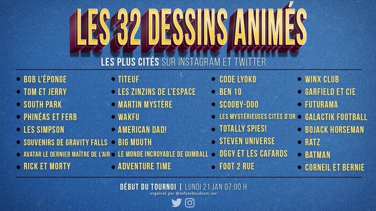 Hop ! La liste des 32 dessins animés que vous avez le plus cités. Lequel sera votre préféré ? Le tournoi commence maintenant sur mon twitter et insta 💛