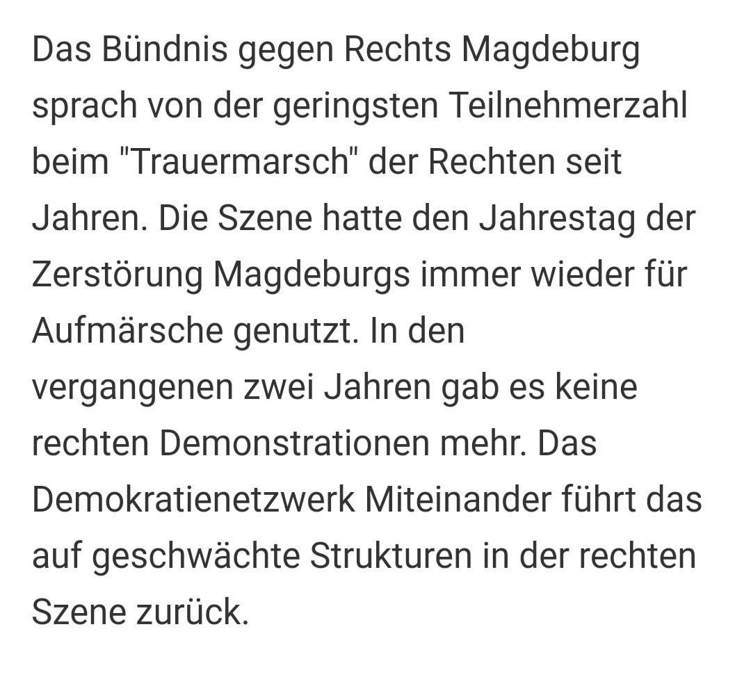 Irgendwie passt die Realität nicht zusammen mit der Behauptung,  dass die Nazis zurückkehren und wir kurz vor der Ausrufung des 4. Reichs stehen. 
m.volksstimme.de/lokal/magdebur…