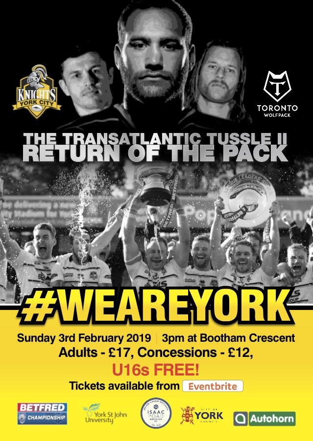 13 sleeps until the home league opener vs <a href="/TOwolfpack/">Toronto Wolfpack</a>

Sunday 3rd Feb. Bootham Crescent. 3pm

Hospitality includes Sunday lunch, guest speaker, best seats in the house and complimentary program! Book now by emailing info@yorkcityknights.com or DM. 

An event not to be missed