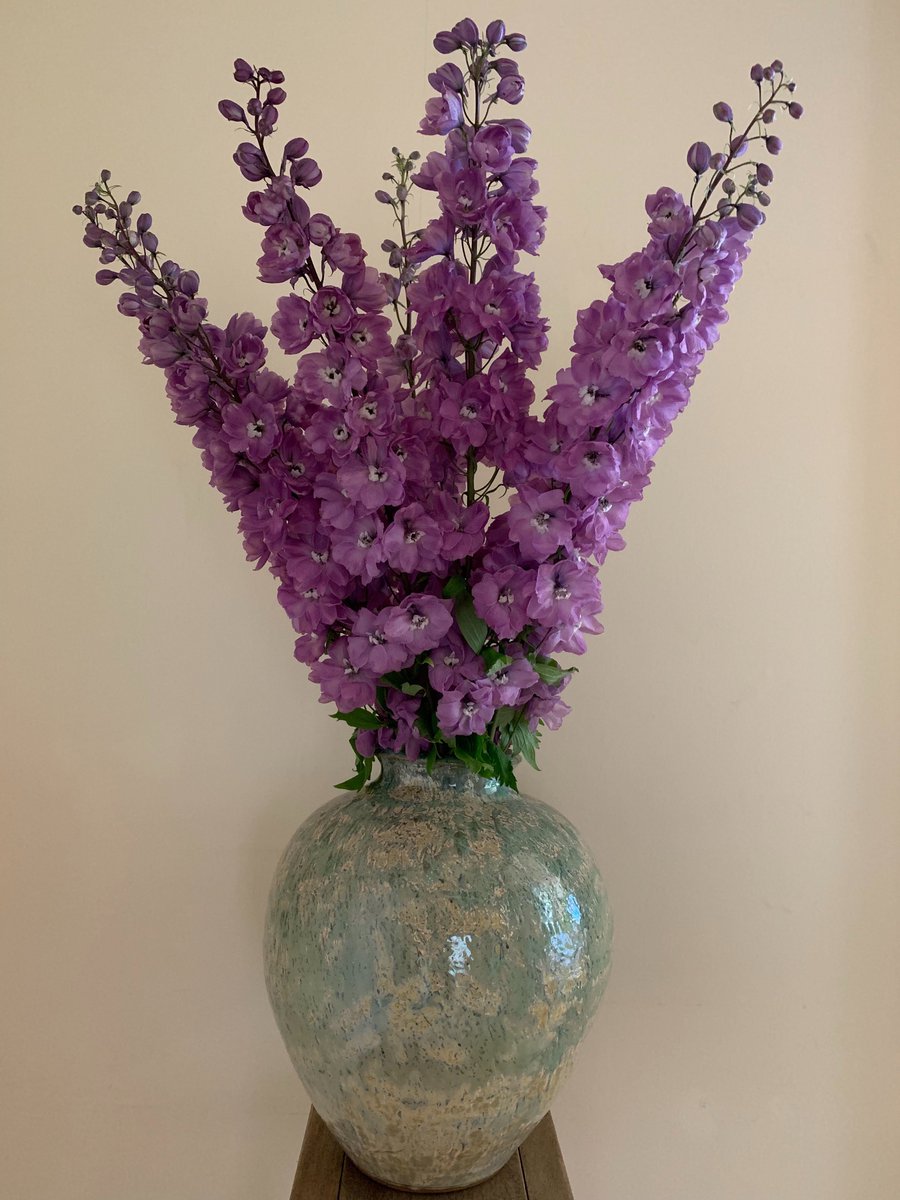 安野モヨコ 今週のお花 デルフィニウム 花芯が深い紫でシック 花瓶もお花屋さんが骨董市で見つけたそうですが 紫がかった薄いセージグリーンの斑点が素晴らしい モヨコ
