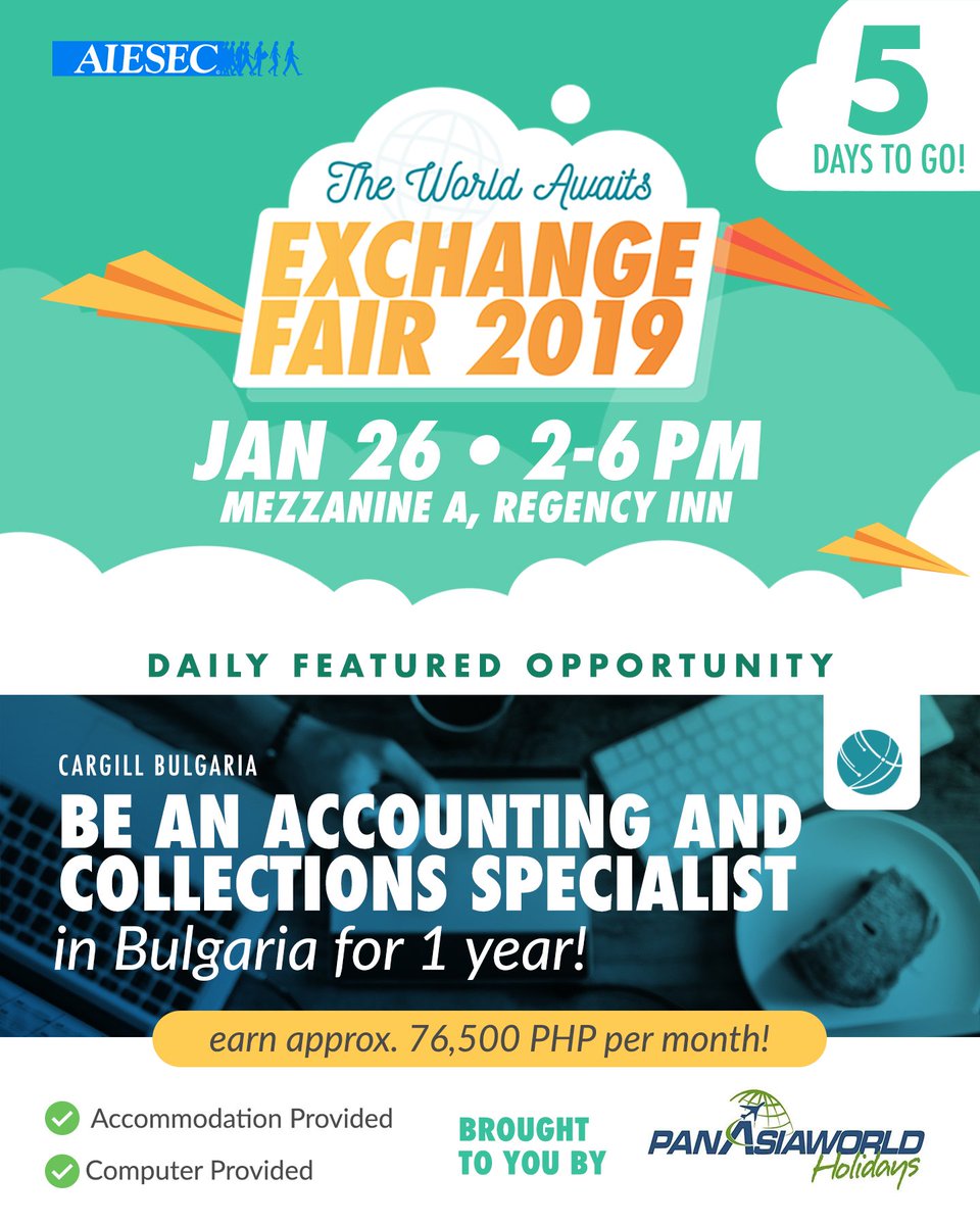 AIESECDavao's tweet photo. Calling all accountants and graduating accountancy students! 5 days to go until Exchange Fair PART 2

This event is FREE and is OPEN TO ALL DAVAOEÑOS 18-30 YEARS OLD See you there! #ExchangeFair2019 #TheWorldAwaits https://t.co/HHjgFHIDkY
