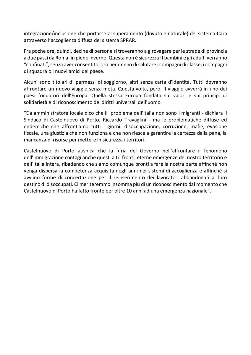 COMUNICATO STAMPA
Immigrazione: in chiusura il C.A.R.A. di Castelnuovo di Porto.
Smantellata l’integrazione che funziona e soppressi 107 posti di lavoro
senza concertazione
#decretosicurezza