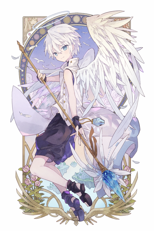 wings 1boy male focus blue eyes angel white hair shorts  illustration images