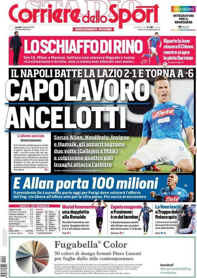 Portada Diario #CorrieredelloSport de Roma - Lunes 21 enero.