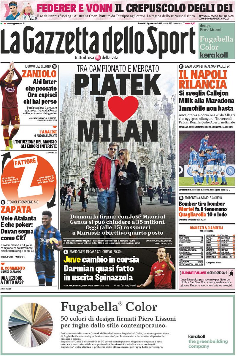 Portada Diario #LaGazzettadelloSport de Milán - Lunes 21 enero.