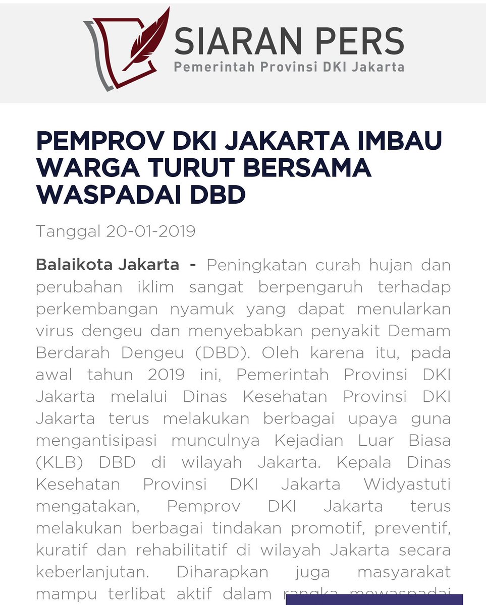 [SIARAN PERS]
PEMPROV DKI JAKARTA IMBAU WARGA TURUT BERSAMA WASPADAI DBD
.
Pada bulan Februari dan Maret 2019, seluruh wilayah DKI Jakarta masuk dalam kategori waspada.
.
(baca selengkapnya: ppid.jakarta.go.id/view-pers/574-…)

<a href="/aniesbaswedan/">Anies Rasyid Baswedan</a> 
<a href="/DKIJakarta/">Pemprov DKI Jakarta</a>