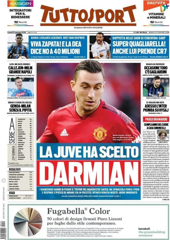 Portada Diario #Tuttosport de Turín - Lunes 21 enero.