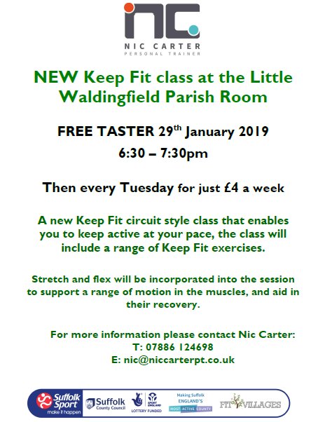 FitVillages's tweet photo. Brand new KEEP FIT class starting at the Little Waldingfield Parish Room with Nic Carter!

FREE taster session on Tuesday 29th January 6:30 - 7:30pm followed by a weekly class for just £4 per class

#keepfit #littlewaldingfield #babergh #Sudbury #Suffolk #physicalactivity https://t.co/odESfCaYXM