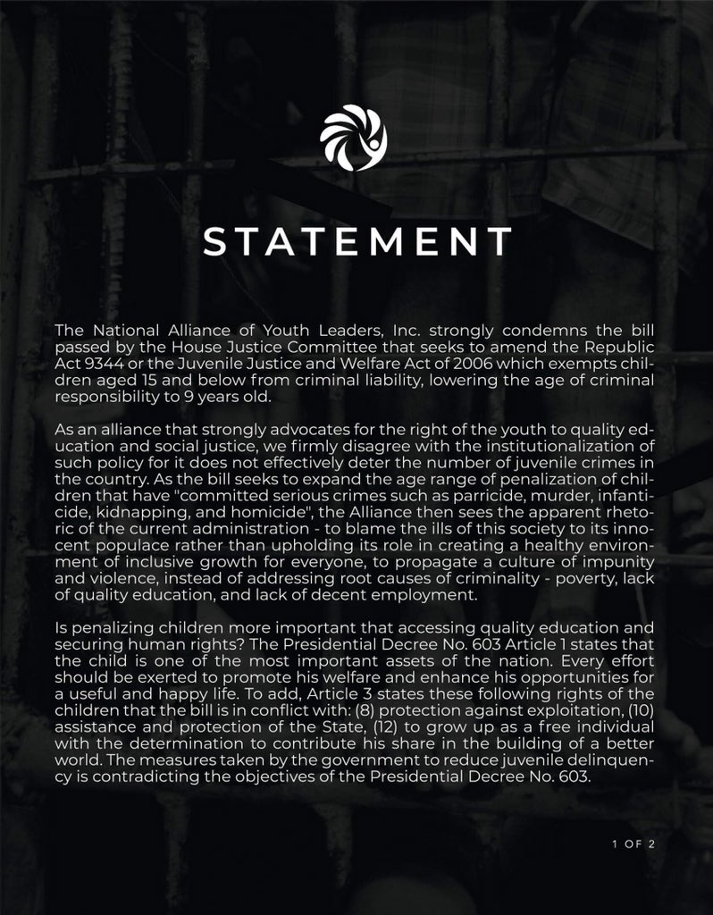 NAYLPH's tweet photo. [NAYL’s Statement on Lowering the Age of Criminality to Nine Years Old] https://t.co/jA30GxT5N7